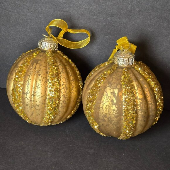 Frontgate Gold Glass Christmas Ornaments Set 2 Beaded Ribbed Crackle Finish 4" - Picture 1 of 7